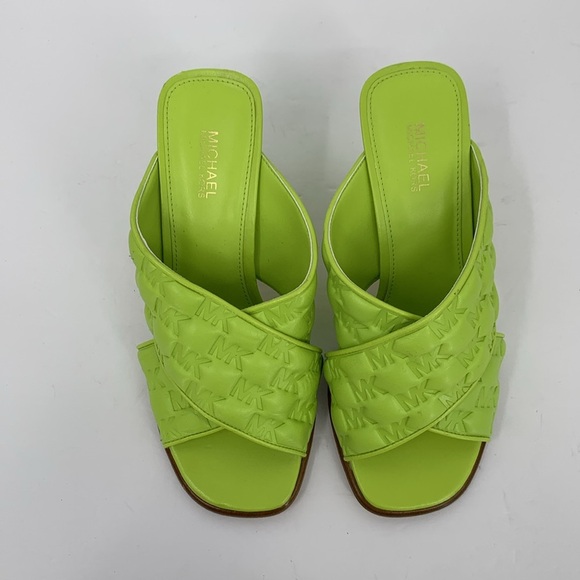 Michael Kors Gideon embossed logo sandal shoe lime green heel crisscross strap 6 - Picture 4 of 6